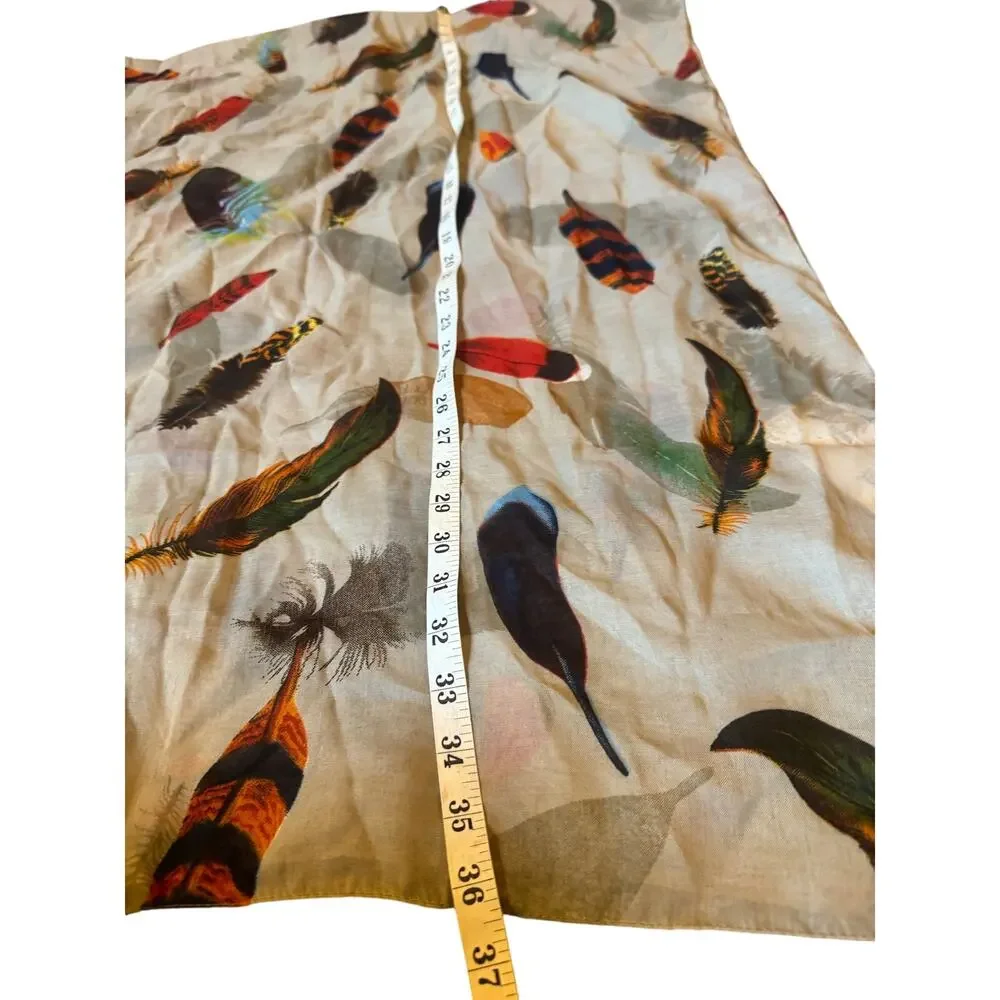2 Chic Feather Print Scarf Beige Multicolor Lightweight Sheer Square Scarf